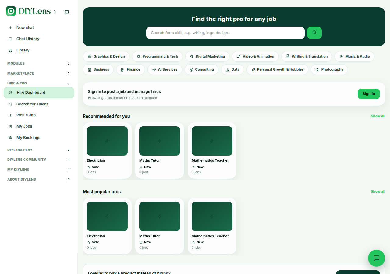 Hire a Pro landing page with category chips and pro cards