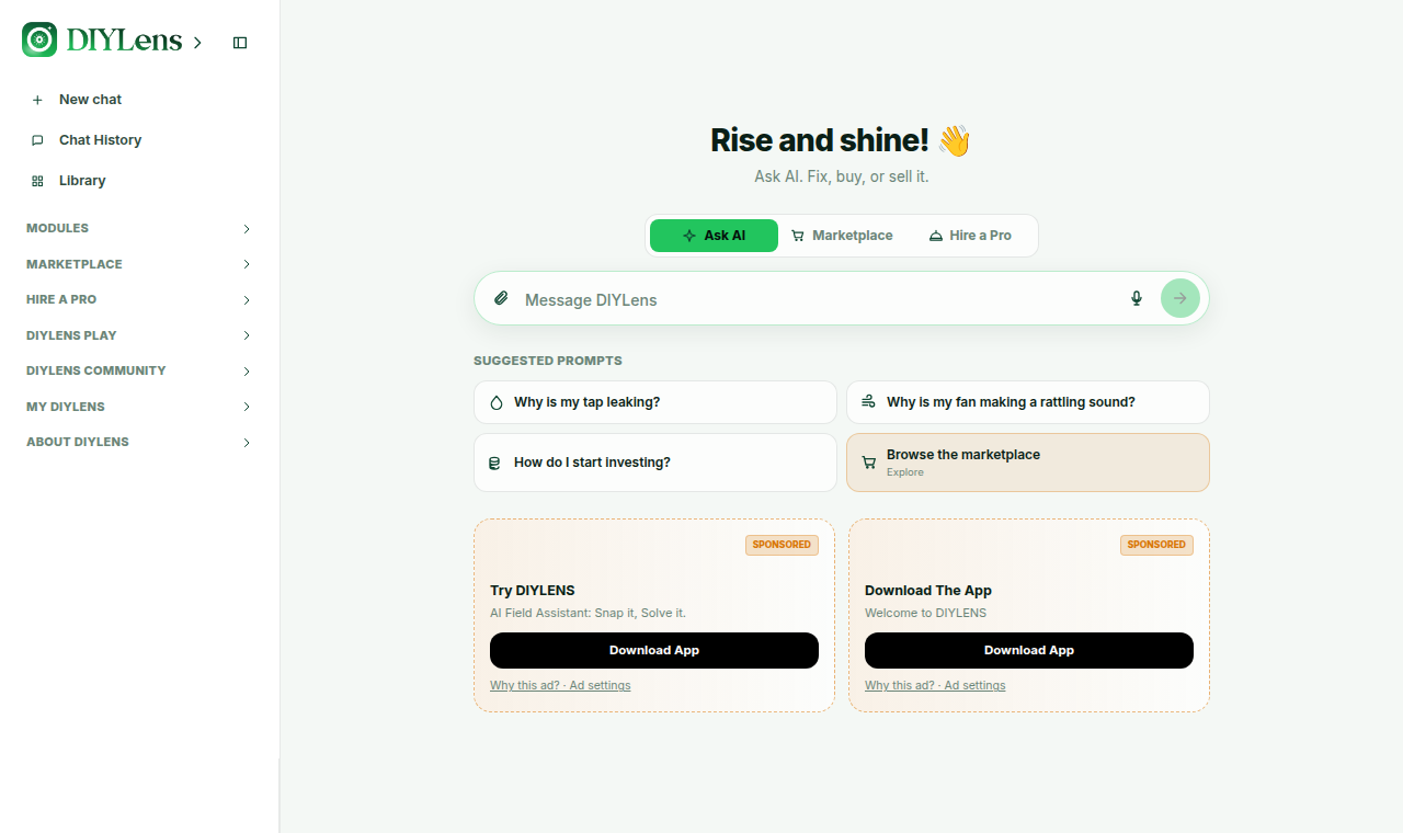 DIYLens home screen with the Ask AI composer